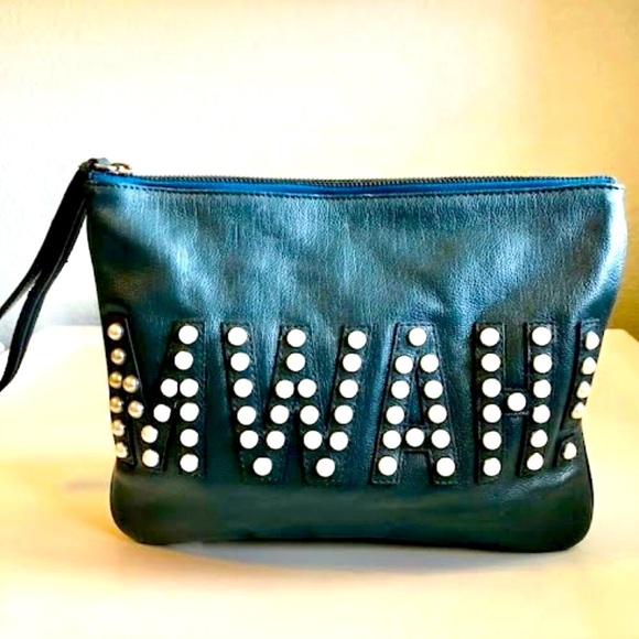 New REBECCA MINKOFF Pearl 'MWAH!' Bag Teal Leather Clutch Wristlet 11x8 MSRP$175 - Picture 1 of 8